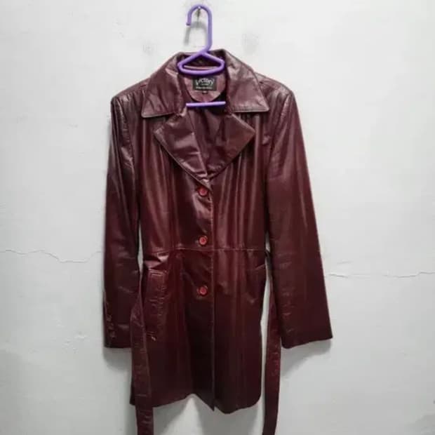 빈티지 버건디 레더 소가죽 롱코트 가죽자켓