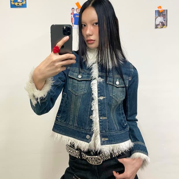 white fur denim cropped jacket 