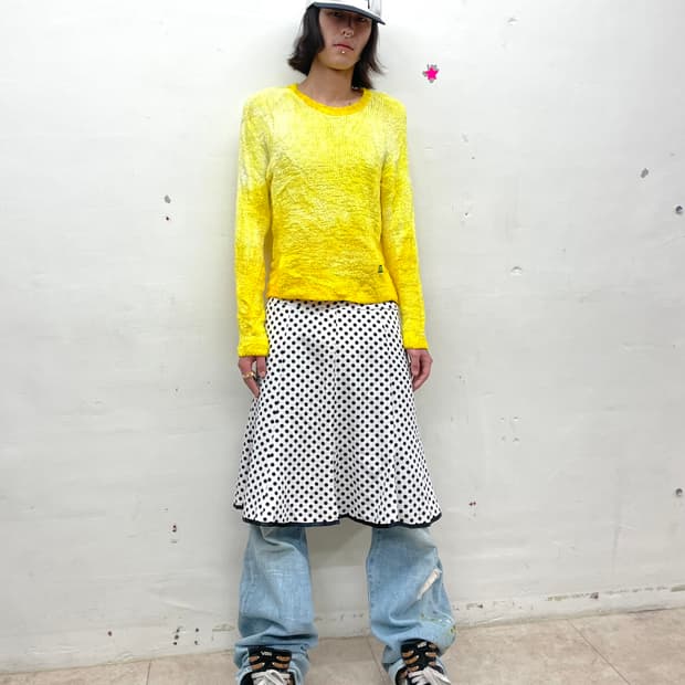 Flare black dot white skirt 