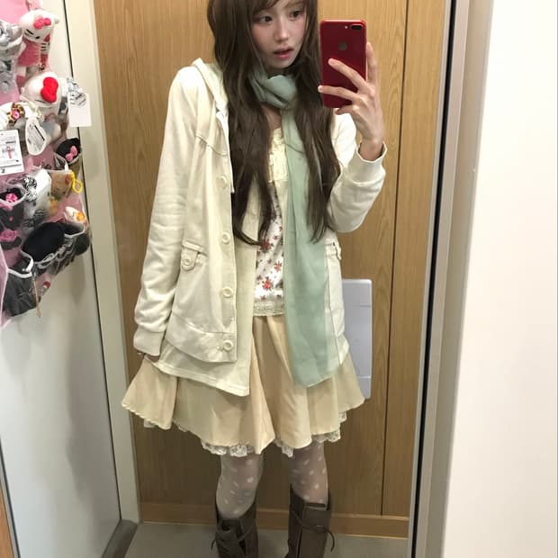 베이지 민트 플라워 레이스 도트 모리걸 가을 코디세트