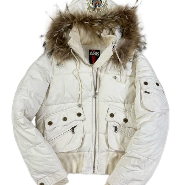 Ask 에스크 화이트 아이보리 울프죠 퍼 후드 패딩