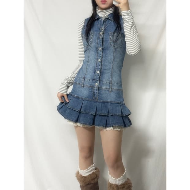 버튼 데님 프릴 원피스
