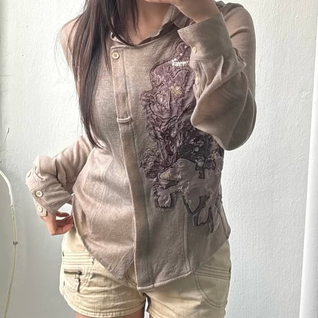 Vintage Brown Sheer Applique Shirt
