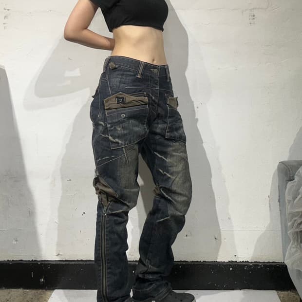 일본 PPFM 디테일 진청 카고 데님 팬츠