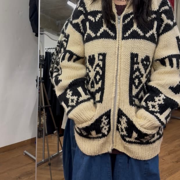 빈티지 인디안 코위찬 니트집업