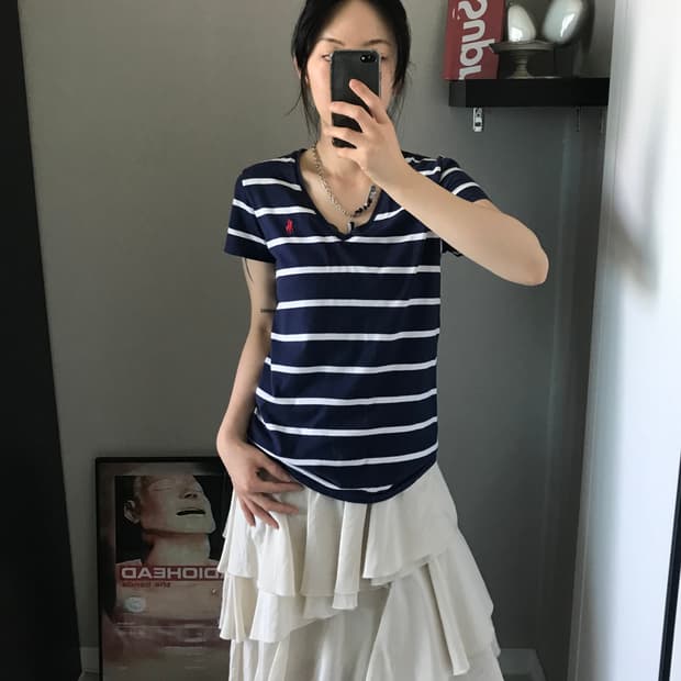 폴로 랄프로렌 스포츠 포니 로고 스트라이프 브이넥 반팔티