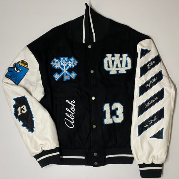 오프화이트 로고 패치 바시티 자켓