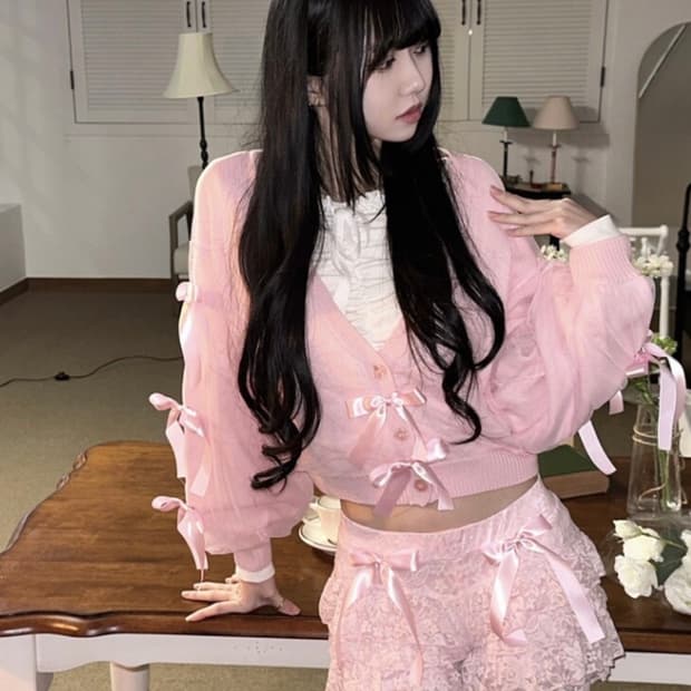 프루티퍼커리 발레코어 레이스 가디건 리본 핑크 로걀탑 히메갸루 