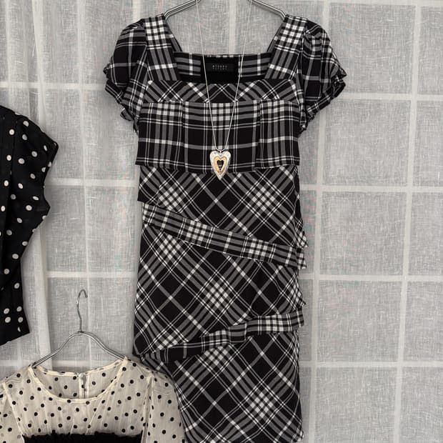 Tartan Square Neck Tiered Dress 0210