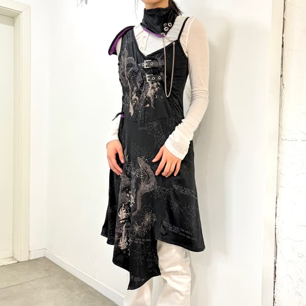 h.naoto 펑크 오리엔탈 스파이더웹 넥 원피스