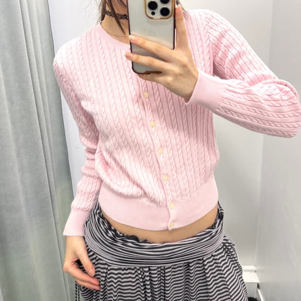 폴로 핑크 케이블 가디건