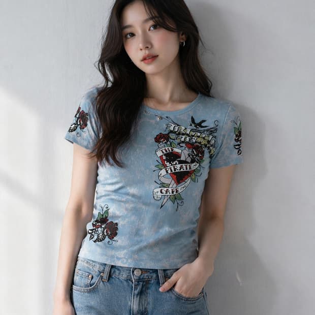 [L] 빈티지 Skinny Minnie 타투 아트 라인스톤 티셔츠