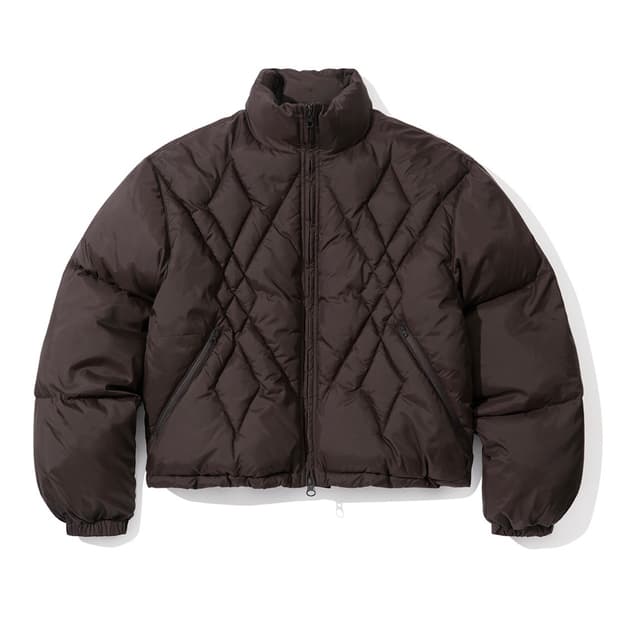 세컨모놀로그 아가일 체크 퀼팅 크롭 패딩 점퍼 브라운