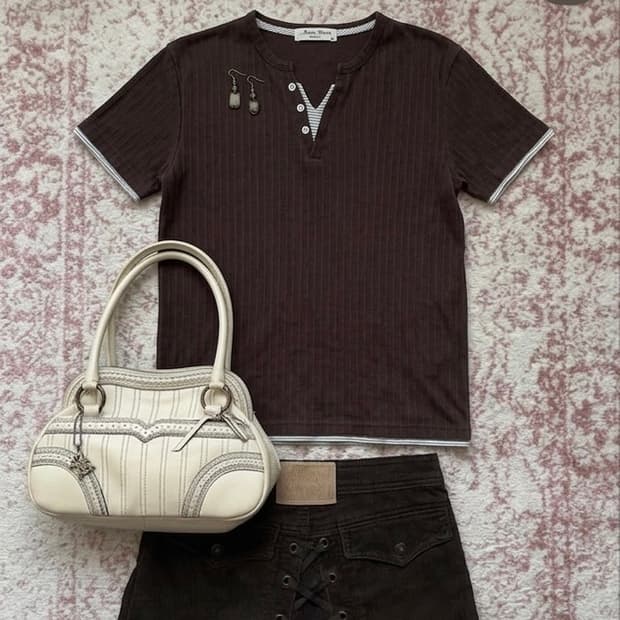 빈티지 초코 브라운 레이어드 모리 반팔 975 y2k 스트릿 갸루 펑키 