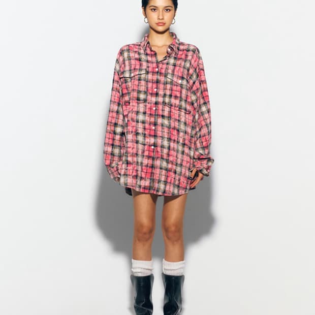 에즈이프캘리 더티워싱 오버핏 체크셔츠 핑크