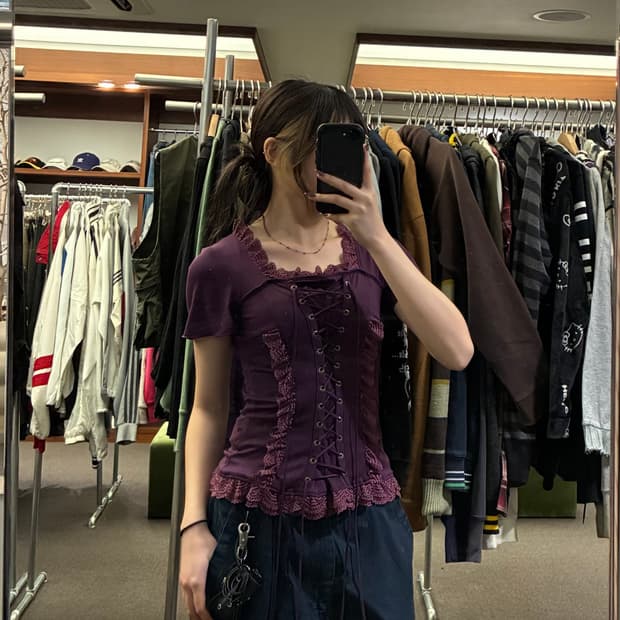 OS)Ozz on 빈티지 여성 레이스업 프릴 숏슬리브