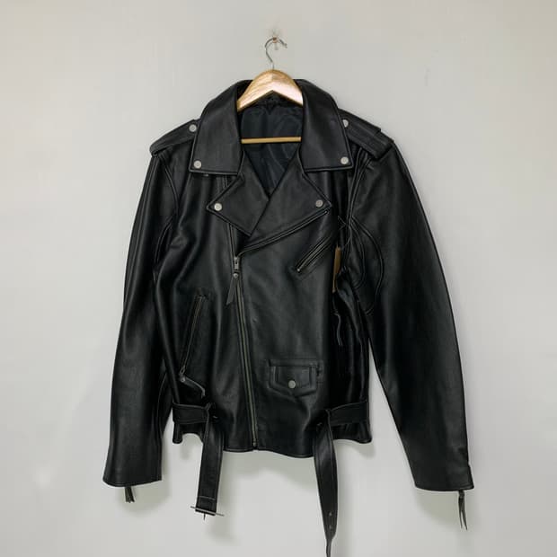 빈티지 사선 지퍼 벨트 리얼레더 라이더 자켓 소가죽 블랙 L