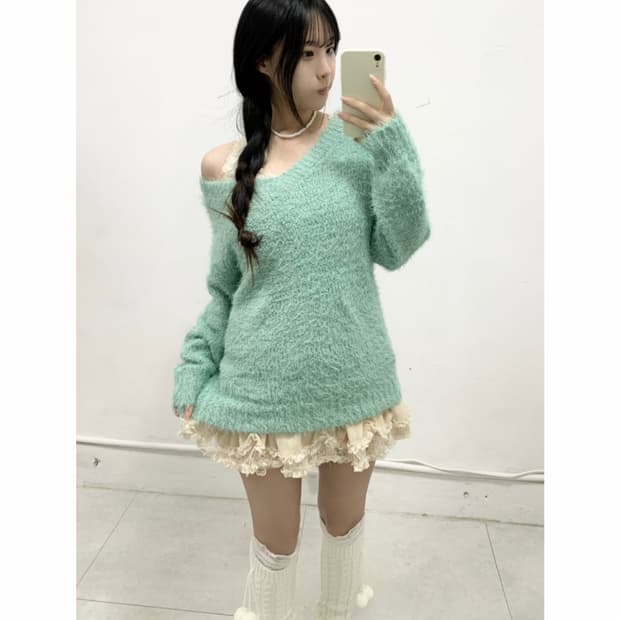 [EARTH MUSIC] 얼스뮤직 에메랄드 민트 폭닥 니트