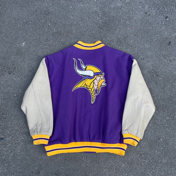 90s NFL 미네소타 바이킹스 레더 바시티 자켓 올드스쿨 점퍼 XXL