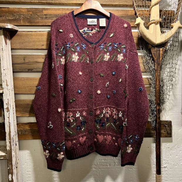 [L]90's USA 빈티지 플라워 패턴 버건디 그랜마 니트 가디건