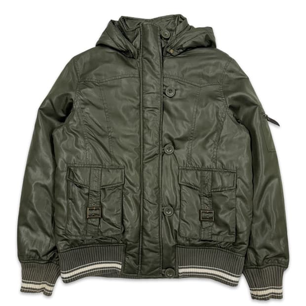 빈티지 카키 집업 싱글 후드 패딩