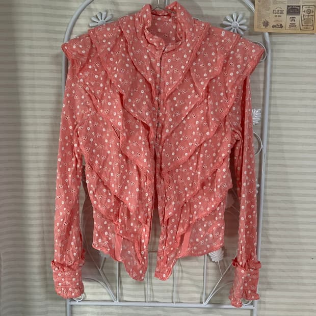 빈티지 핑크 플라워 패턴 레이스 블라우스 958 y2k 스트릿 갸루 펑키