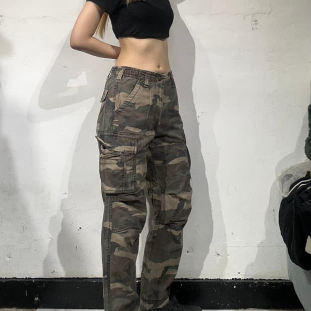 빈티지 카키 카모 밀리터리 와이드 카고 팬츠