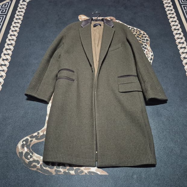 한섬 시스템 레더카라 하운드투스 체크 울 코트