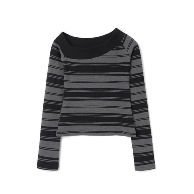 One Shoulder Striped T-Shirt [Charcoal]