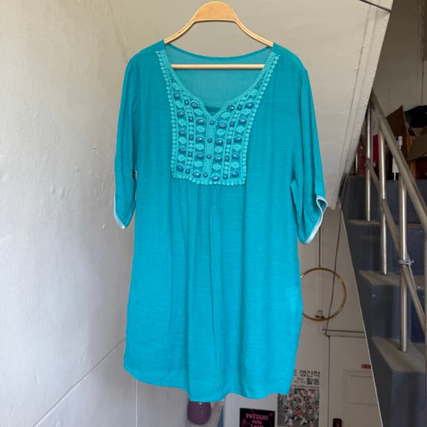 민트 에스닉 롱 거즈 슬리브