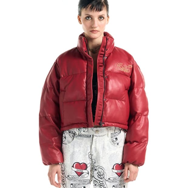 Badee 배디 빈티디 y2k 레더 셔링 자수 로고 크롭 패딩 점퍼 L