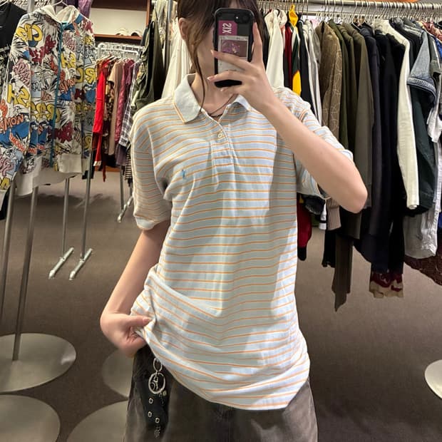 L)Polo 빈티지 스트라이프 카라 반팔(이염)