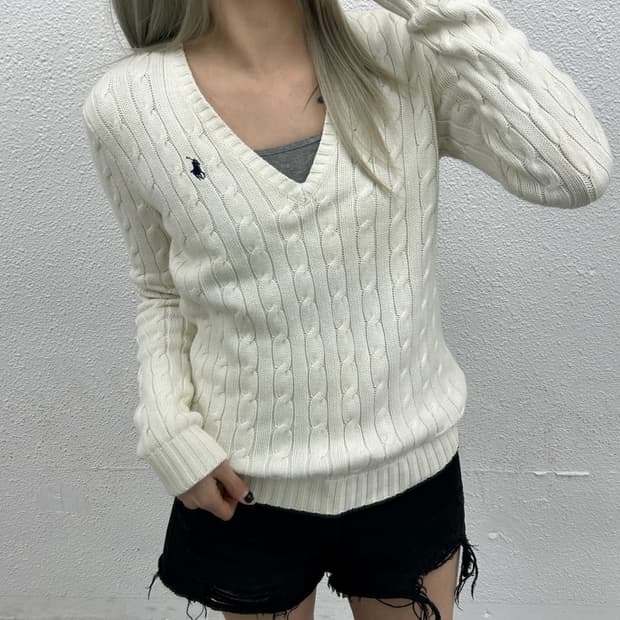 폴로 랄프로렌 네이비포니 화이트 꽈배기 브이 니트 S