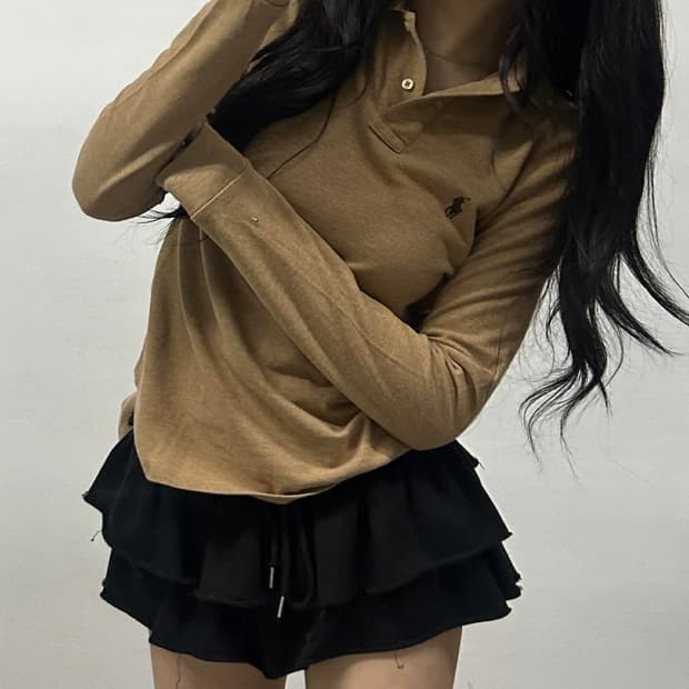 폴로 랄프로렌 베이지 핀터깔 카라넥 슬리브 럭비셔츠(XS)