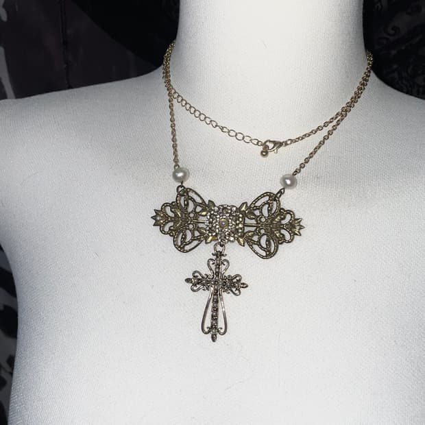 빈티지 앤틱 크로스 십자가 진주 오리엔탈 골드 펜던트 목걸이