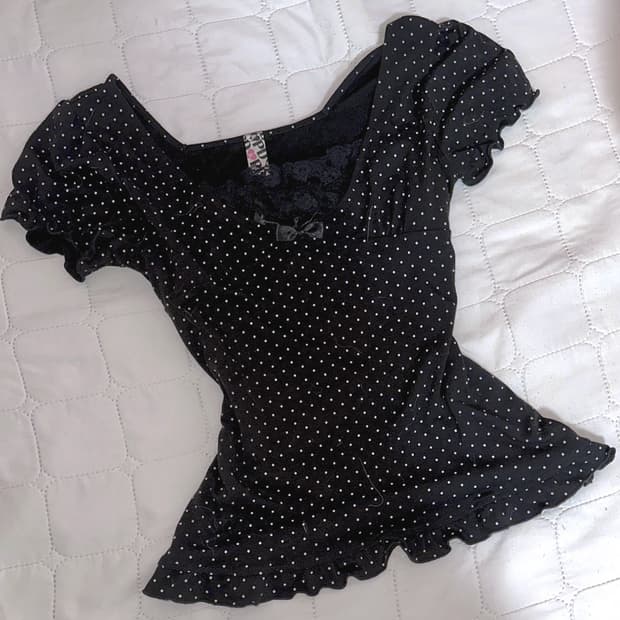 헤이세이 도트 러블리 블랙 공겜여주 공포게임 레이스 리본 반팔 탑