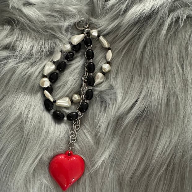 다비즈 진주 써지컬 체인 빨간하트 키링