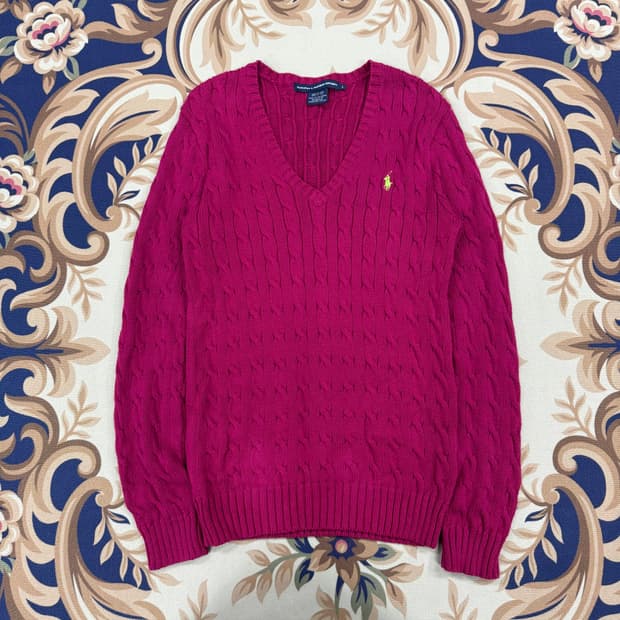 (우먼즈L)폴로 랄프로렌 코튼 브이넥 꽈배기니트(핑크)