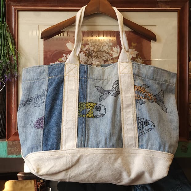핸드 드로잉 빅사이즈 캔버스 데님 토트백 빈티지 더플백 리메이크