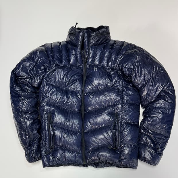 여성 헤지스 유광 구스다운 후드 패딩 점퍼 네이비