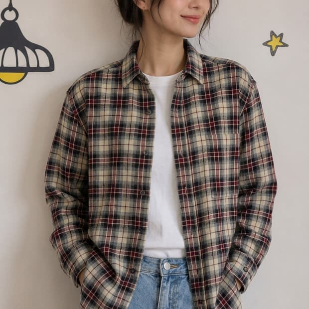 [S~M] Woolrich 우먼스 라이트 오트밀 타탄 체크 플라넬 셔츠