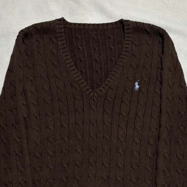 S 폴로랄프로렌 스카이블루 포니 브라운 브이넥 케이블 니트