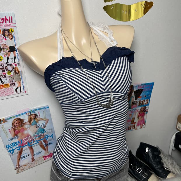 Abercrombie 네이비 스트라이프 슬리브리스 탑