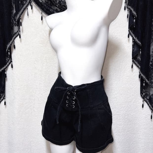 오네갸루 고스펑크 블랙 레이스업 아일렛 하이웨스크 반바지 숏팬츠 y2k
