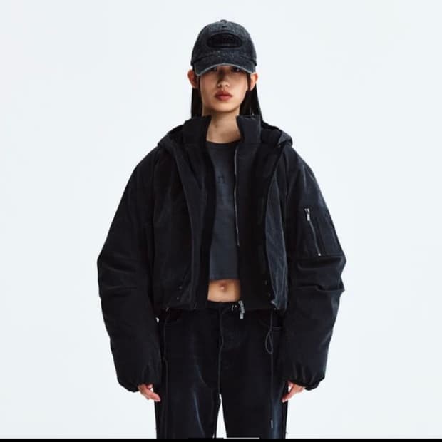 Matin Kim 마뗑킴 레이어드 후디 봄버 다운 자켓 차콜 S