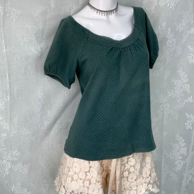 빈티지 청록 땡땡이 크로셰 퍼프 반팔 1118 모리걸 y2k 스트릿 갸루