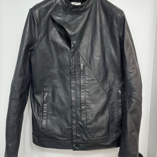 헬무트랭 블랙 다이어그널 리얼레더 라이더 자켓