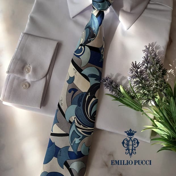 에밀리오 푸치 실크 블루 아트패턴 넥타이 8.6cm A+등급 A19013