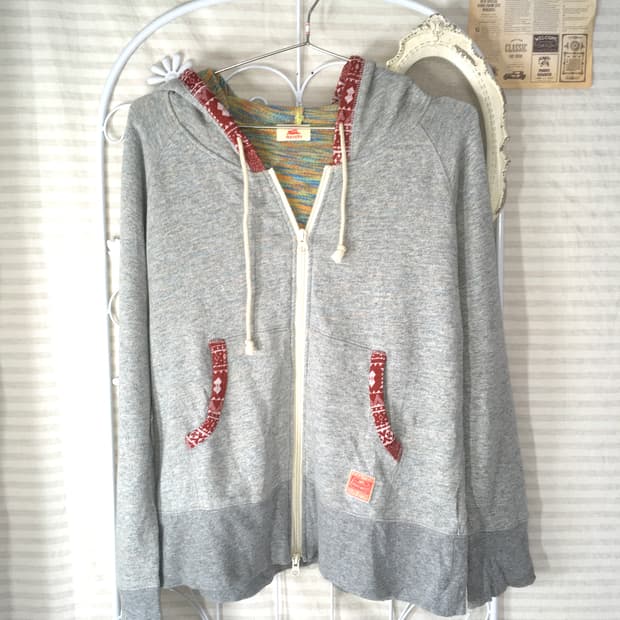 일본빈티지 그레이 에스닉 패턴 후드 집업