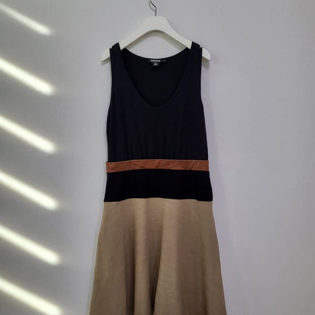 일본구매 DKNY 도나카렌 리얼가죽+고급린넨+면 배색 원피스 free